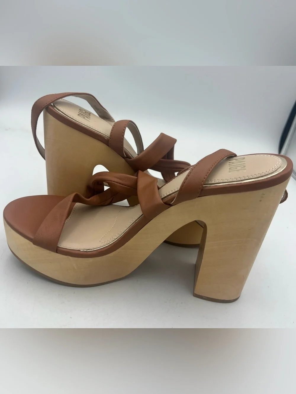 PAIGE Cayden Leather Ankle Strap Platform Sandal Woodgrain Block Heel Size 9 NEW